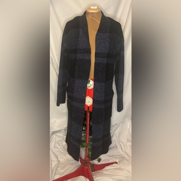 Cyrus Black & Blue Plaid Long Open Front Cardigan Sweater - Picture 2 of 4